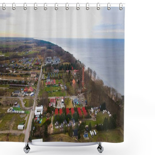 Personality  A Drone Shot Displays Gaski Beach, West Pomeranian Voivodeship, Poland, With A Red Brick Lighthouse, Baltic Sea, Sandy Beach, Leafless Dune Trees, Holiday Cottages, Hotels, And Homes. Possibly Calm Sea. Captured In February Winter. Shower Curtains