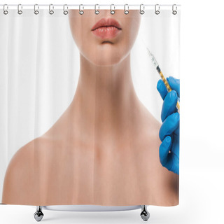 Personality  Cropped View Of Plastic Surgeon In Blue Latex Glove Holding Syringe Near Naked Patient Isolated On White  Shower Curtains
