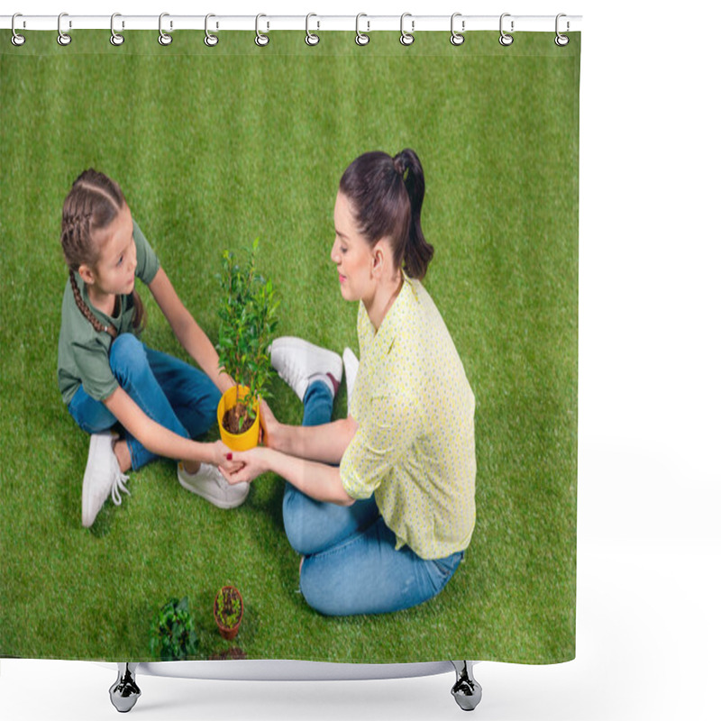 Personality  Mother And Daughter With Plants And Flowerpots Sitting On Green Grass Shower Curtains