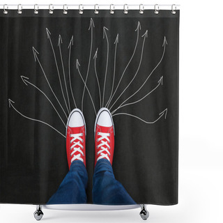 Personality  Feet Wearing Red Shoes On Black Background With Arrows. Choice C Shower Curtains