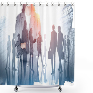 Personality  Unrecognizable Confident Businesswoman Standing With Crossed Arms In Blurry Abstract City With Double Exposure Of Her Team. Concept Of Leadership. Toned Image Shower Curtains