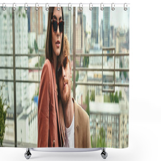 Personality  A Man And A Woman Stand Side By Side, Their Bodies Angled Towards Each Other. They Appear To Be Engaged In Deep Conversation Shower Curtains