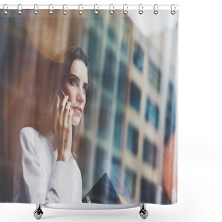 Personality  Photo Business Woman Wearing Modern White Shirt, Talking Smartphone And Holding Documents In Hands. Open Space Loft Office. Panoramic Windows Background. Horizontal Mockup. Film Effect Shower Curtains