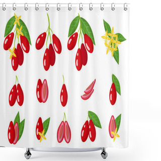 Personality  Set Of Illustrations With Dogwood Exotic Fruits, Flowers And Leaves Isolated On A White Background. Isolated Vector Icons Set. Shower Curtains