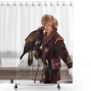 Personality  Petropavlovsk, Kazakhstan - February 20, 2020: Kazakhstan, National Clothes Of A Hunter With A Bird. Men With Hunting Birds In The Winter On The Street. Shower Curtains