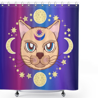 Personality  Vector Pattern With A Cat, Moon, Stars. Magical And Fairy. Suitable For Postcards, Printing, Posters, Textiles. Shower Curtains