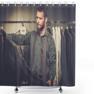Personality  Handsome Man With Beard Choosing Jacket In A Shop Shower Curtains