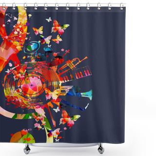 Personality  Colorful Musical Poster With G-clef, LP Vinyl Record Disc And Musical Instruments Vector Illustration. Playful Background For Live Concert Events, Music Festivals And Shows, Party Flyer Shower Curtains