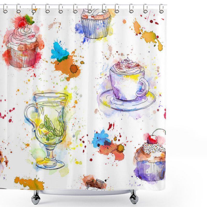 Personality  Watercolor Tea Seamless Pattern - Cupcakes, Tea And Coffee Cup. Shower Curtains