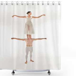 Personality  Shirtless Young Man And Woman In White Dress Showcase Acrobatic Talent, Balancing In A Dynamic Dance Pose. Shower Curtains