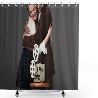 Personality  Happy Couple Embracing Near Vintage Film Projector Isolated On Black Shower Curtains