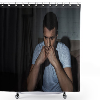 Personality  Depressed Man In White T-shirt Sitting On Bed While Struggling From Ptsd  Shower Curtains