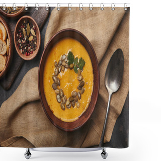 Personality  Top View Of Bowl With Delicious Pumpkin Soup And Spoon On Sackcloth Shower Curtains