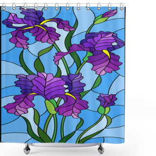 Personality  Illustration In Stained Glass Style With Purple Bouquet Of Irises, Flowers, Buds And Leaves On Blue Background Shower Curtains