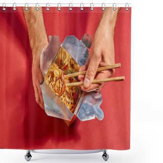 Personality  Top View Of Man Holding Chopsticks Near Spicy Noodles On Red Shower Curtains