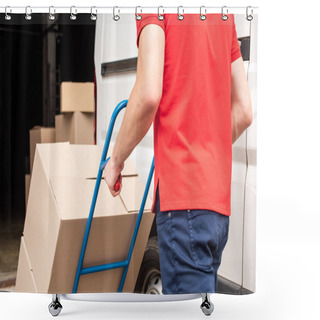 Personality  Cropped Shot Of Delivery Man With Cardboard Boxes On Delivery Cart Shower Curtains