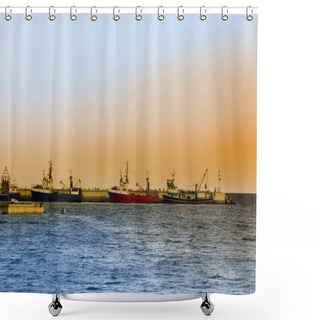 Personality  Fishing Boats In A Harbour And A Orange Sky At Sunset Shower Curtains