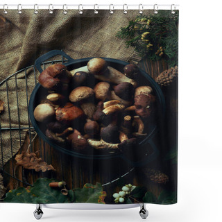 Personality  Top View Of Fresh Picked Mushrooms In Pan On Wooden Table  Shower Curtains