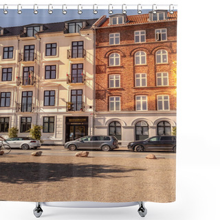 Personality  COPENHAGEN, DENMARK - MAY 6, 2018: Parked Cars On Street In Front Of Buildings  Shower Curtains
