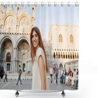 Personality  ITALY, VENICE - MAY 12, 2022: Happy Redhead Woman Looking At Camera On St Mark Square In Venice Shower Curtains