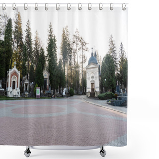 Personality  LVIV, UKRAINE - OCTOBER 23, 2019: Grave Crypts And Board With Map And Lettering In Lychakiv Cemetery In Lviv, Ukraine Shower Curtains