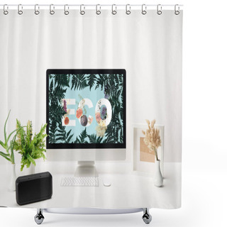 Personality  Computer With Eco Lettering And Fern Green Leaves On Monitor On Desk On White Background Shower Curtains