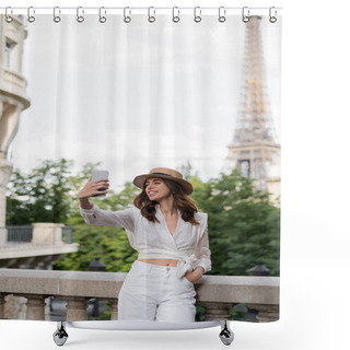 Personality  Smiling Tourist Taking Selfie With Eiffel Tower At Background In Paris  Shower Curtains