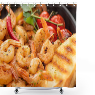 Personality  Close Up View Of Fried Shrimps With Grilled Bread, Tomatoes, Chili Peppers Shower Curtains