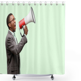 Personality  African Black Man Wearing Jacket Communicates Shouting Loud Holding A Megaphone, Expressing Success And Positive Concept, Idea For Marketing Or Sales Shower Curtains