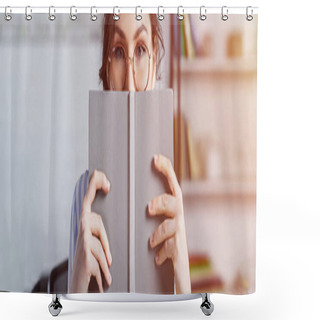 Personality  Woman In Glasses Covering Face With Book  Shower Curtains