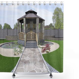 Personality  Koi Pond And Gazebo Exterior, 3d Rendering Shower Curtains