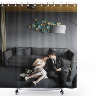 Personality  Cheerful Bride In Wedding Dress Leaning On Shoulder Of Groom In Black Suit And Holding Glasses Of Champagne Near Bridal Bouquet, Couch And Floor Lamp In Hotel Room  Shower Curtains