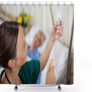Personality  Nurse Adjusting Infusion Bottle With Patient Lying On Bed Shower Curtains