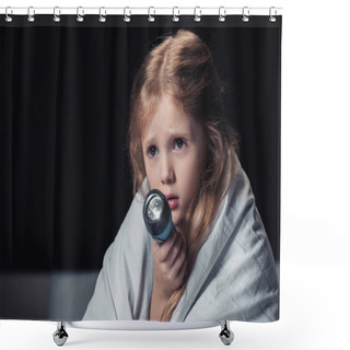 Personality  Scared Kid Sitting Under Blanket And Holding Flashlight Isolated On Black Shower Curtains
