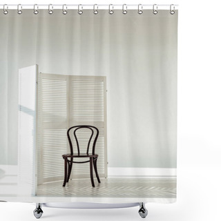 Personality  Dark Wooden Chair And White Room Divider With Shadows And Sunlight Shower Curtains