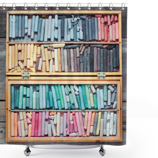 Personality  Multicolored Pastel Crayons In Wooden Artist Box On Table. Shower Curtains