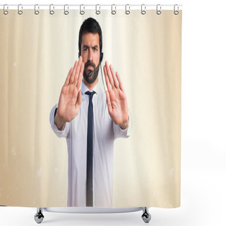 Personality  Young Man With A Headset Making Stop Sign Shower Curtains