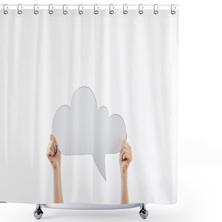 Personality  Cropped View Of Woman With Thought Bubble In Hands Isolated On White Shower Curtains