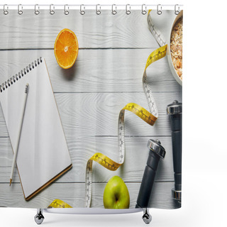 Personality  Top View Of Measuring Tape, Breakfast Cereal In Bowl Near Apple, Orange, Notebook, Dumbbells And Pencil On Wooden White Background With Copy Space Shower Curtains