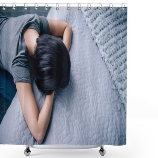 Personality  Top View Of Depressed Woman Lying On Bed At Home With Copy Space Shower Curtains