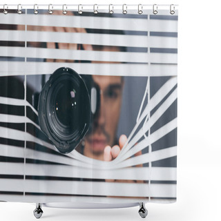 Personality  Close-up View Of Man Holding Camera And Peeking Through Blinds, Mistrust Concept Shower Curtains