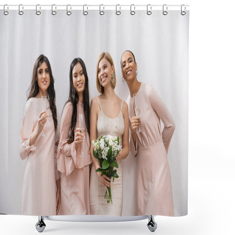 Personality  Positivity, Happy Bride In Wedding Dress Holding Bridal Bouquet And Standing Near Interracial Bridesmaids On Grey Background, Champagne Glasses, Racial Diversity, Fashion, Brunette And Blonde Women  Shower Curtains