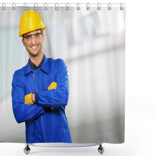 Personality  Portrait Of Happy Engineer Shower Curtains