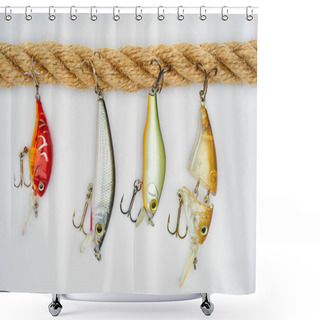 Personality  View From Above Of Nautical Rope And Fishing Bait Isolated On White  Shower Curtains