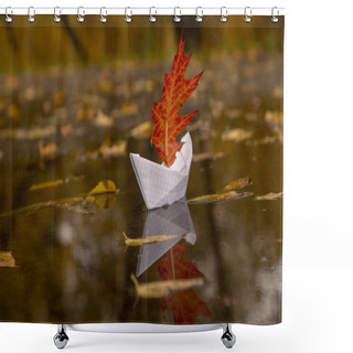 Personality  A Paper Boat Floats In A Puddle, Instead Of A Sail It Has A Red Oak Autumn Leaf. Shower Curtains