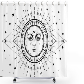 Personality  Sun And Triple Moon Pagan Wicca Moon Goddess Symbol. Three Faced Goddess, Maiden, Mother, Crone Isolated Vector Illustration. Tattoo, Astrology, Alchemy, Boho And Magic Symbol. Coloring Book.. Shower Curtains