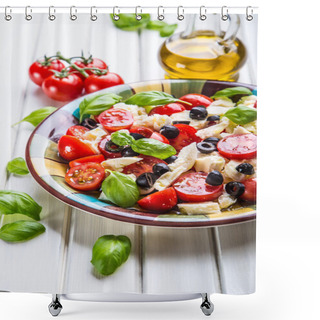 Personality  Caprese. Caprese Salad. Italian Salad. Mediterranean Salad. Italian Cuisine. Mediterranean Cuisine. Tomato Mozzarella Basil Leaves Black Olives And Olive Oil On Wooden Table. Shower Curtains