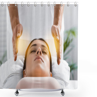 Personality  Cropped View Of Healer Standing Near Patient On Massage Table And Cleaning Aura Shower Curtains