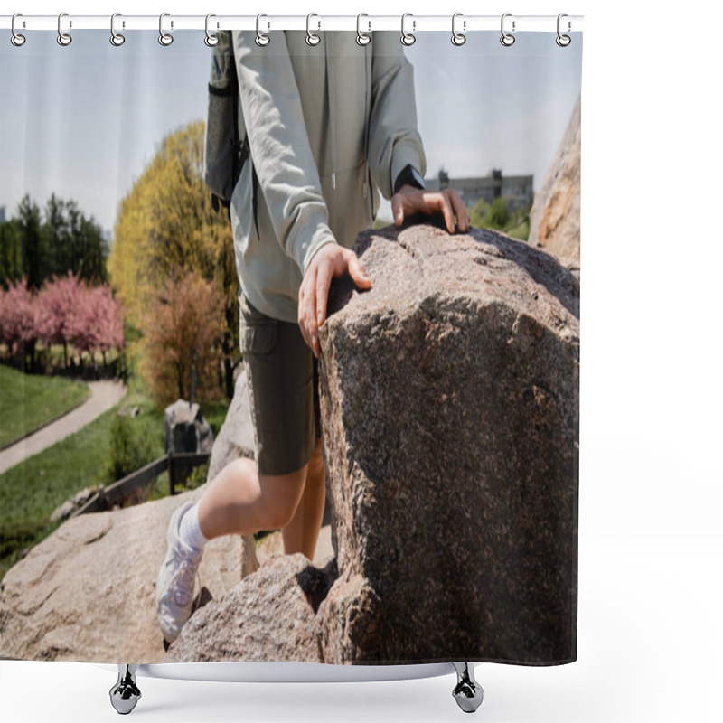 Personality  Cropped View Of Young Female Hiker With Backpack And Fitness Tracker Standing Near Stones On Hill With Blurred Nature At Background, Vibrant Travel Experiences, Summer Shower Curtains