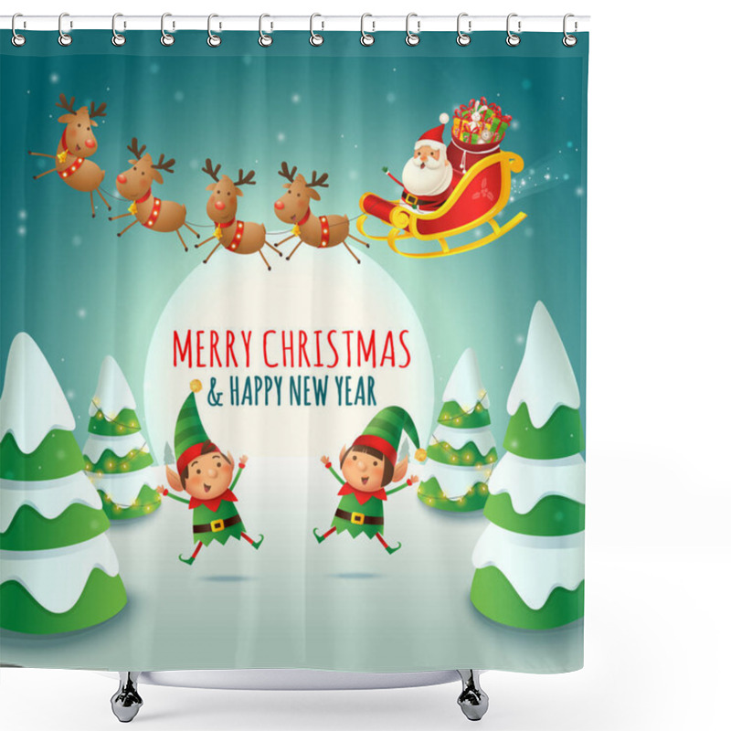 Personality  Merry Christmas and Happy New Year - Santa Claus sleigh and Elves celebrate holidays - winter night landscape shower curtains